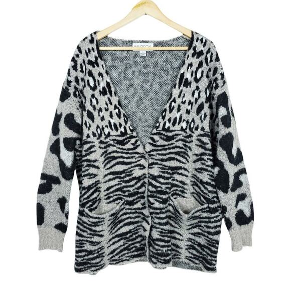 Wildfox Cardigan Small Leopard Zebra Animal Print Black Gray Oversized Cozy - Picture 1 of 8